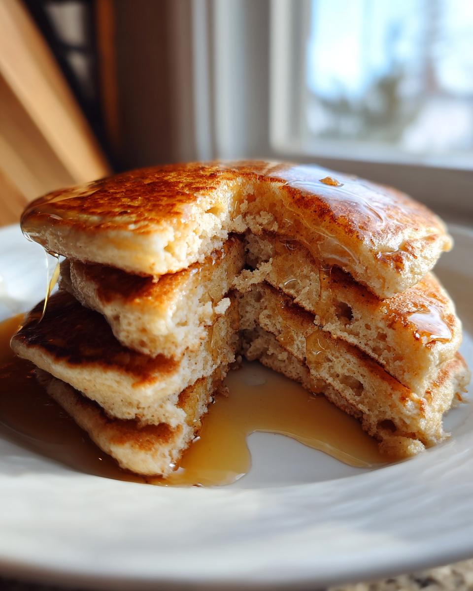 Close-up of a stack of fluffy almond flour pancakes with a bite taken out, drizzled generously with syrup.