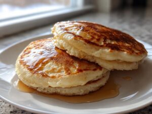 A close-up of a stack of three fluffy almond flour pancakes drizzled generously with golden syrup.