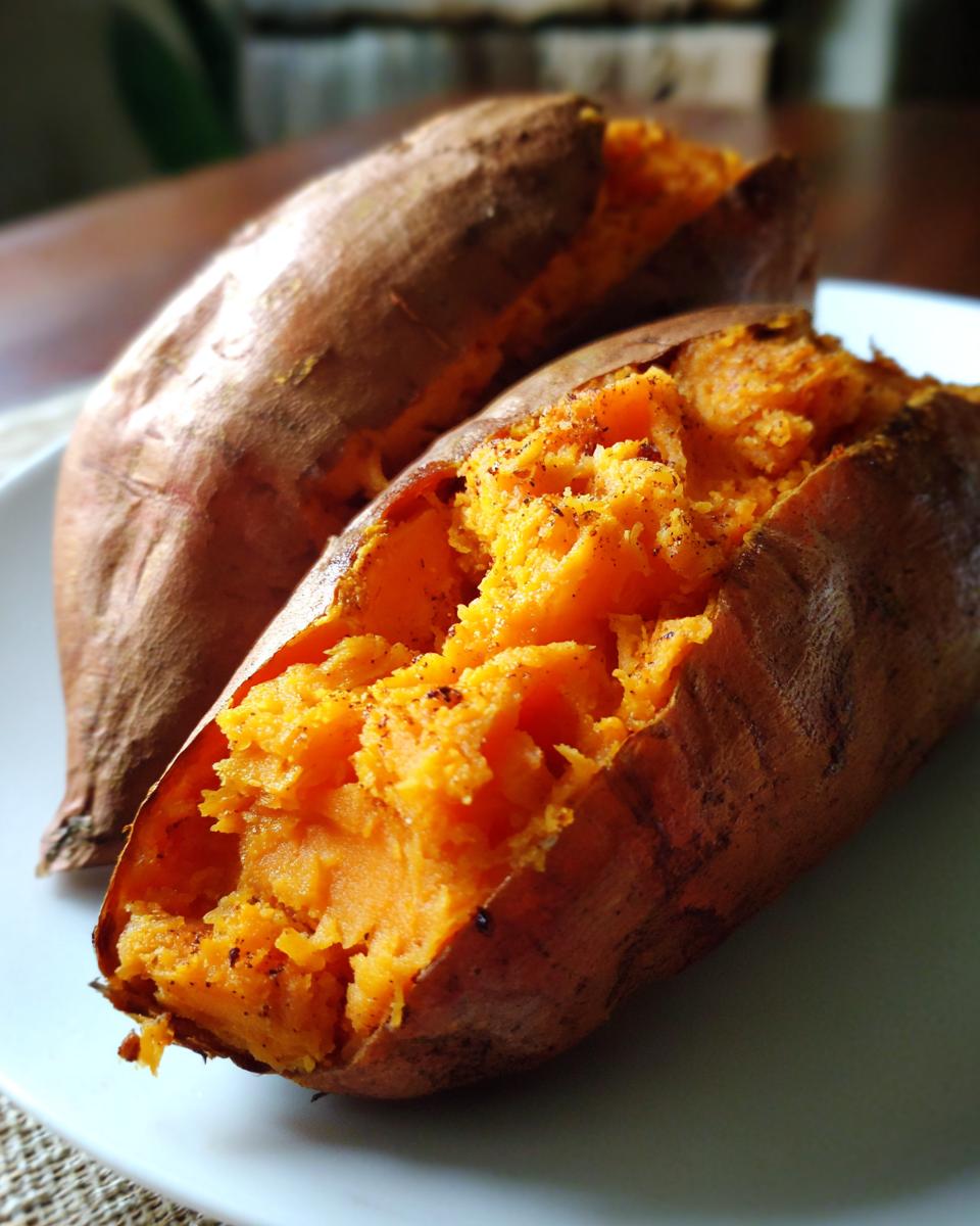 Close-up of a perfectly baked sweet potato, split open to show the fluffy, seasoned orange interior.