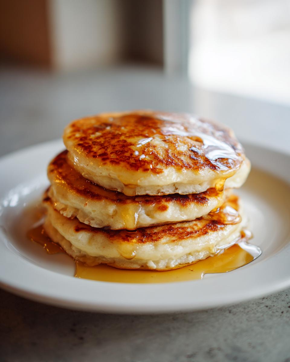 A close-up of three fluffy banana pancakes stacked high and drizzled generously with golden syrup.