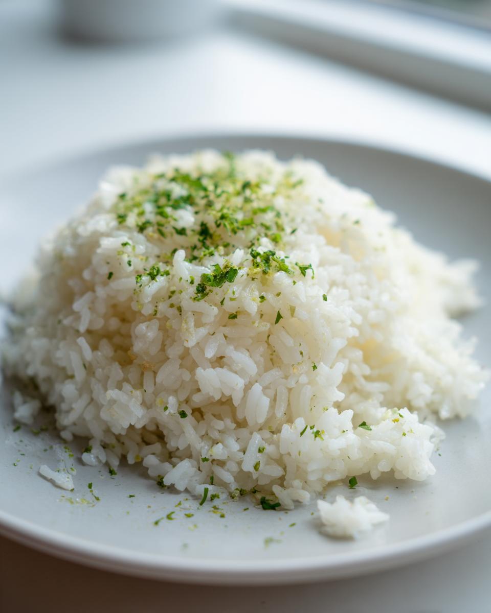 A mound of fluffy white butter rice topped with finely chopped green herbs on a light gray plate.