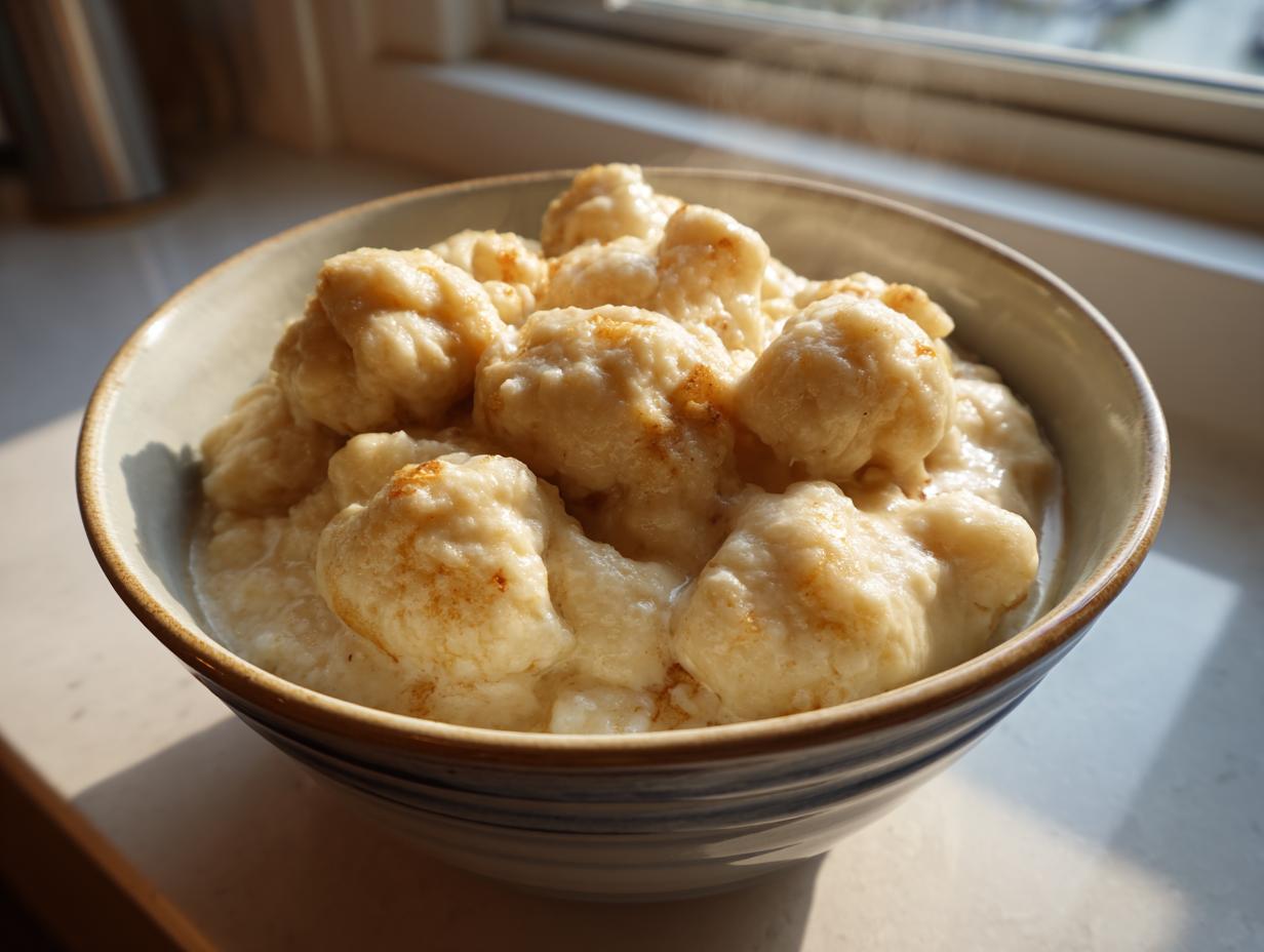 A bowl filled with steaming, fluffy dumplings served in a creamy sauce, highlighted by natural window light.