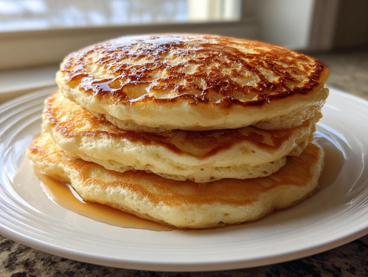 Close-up of a tall stack of three fluffy greek yogurt pancakes drizzled with syrup on a white plate.