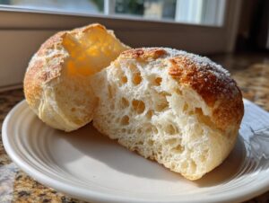 Close-up of a homemade English muffin split open, showing the characteristic nooks and crannies texture.