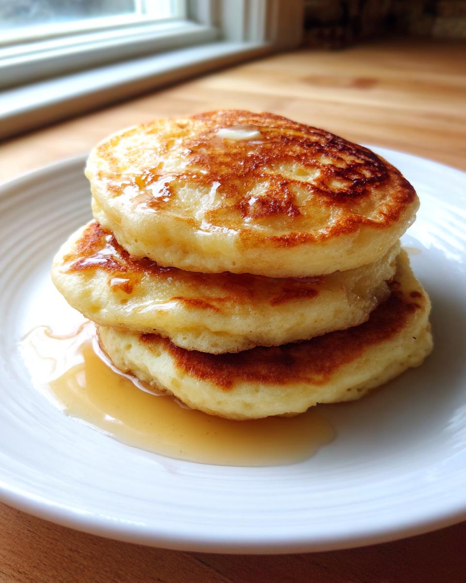 A tall stack of three fluffy pancakes drizzled with syrup and topped with melting butter, ready to eat.