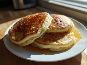 A stack of three fluffy pancakes drizzled generously with golden syrup on a white plate.