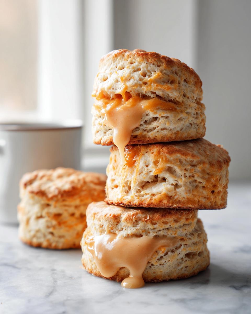 A stack of three fluffy sweet potato biscuits filled and topped with a dripping caramel-colored glaze.