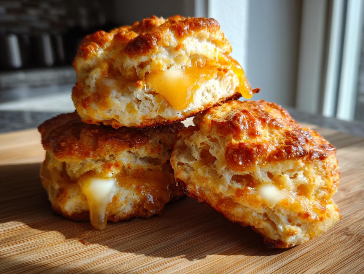 Three fluffy sweet potato biscuits stacked on a wooden board, showing a sweet, orange glaze dripping out.