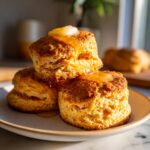 A stack of three golden, fluffy sweet potato biscuits drizzled with melting butter and honey.