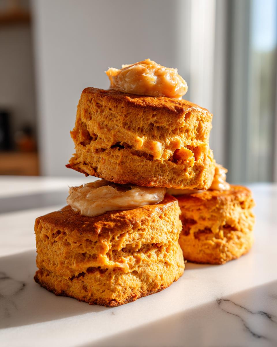 A stack of three fluffy, orange-hued sweet potato biscuits topped with a dollop of cinnamon butter.
