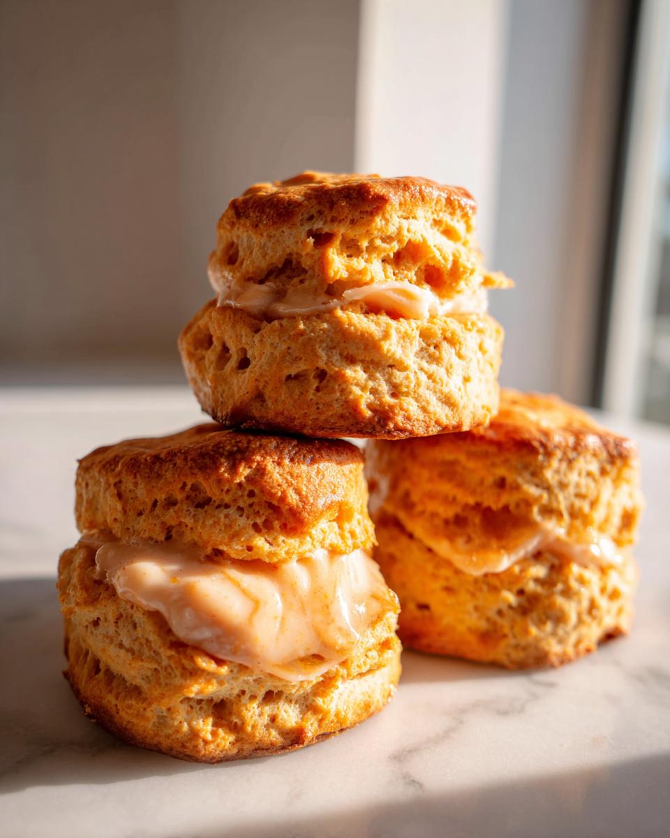 Three fluffy sweet potato biscuits stacked and split with a creamy orange filling visible between the layers.