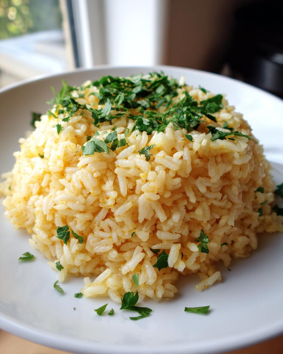 A mound of fluffy, yellow turmeric rice topped generously with fresh, chopped parsley on a white plate.