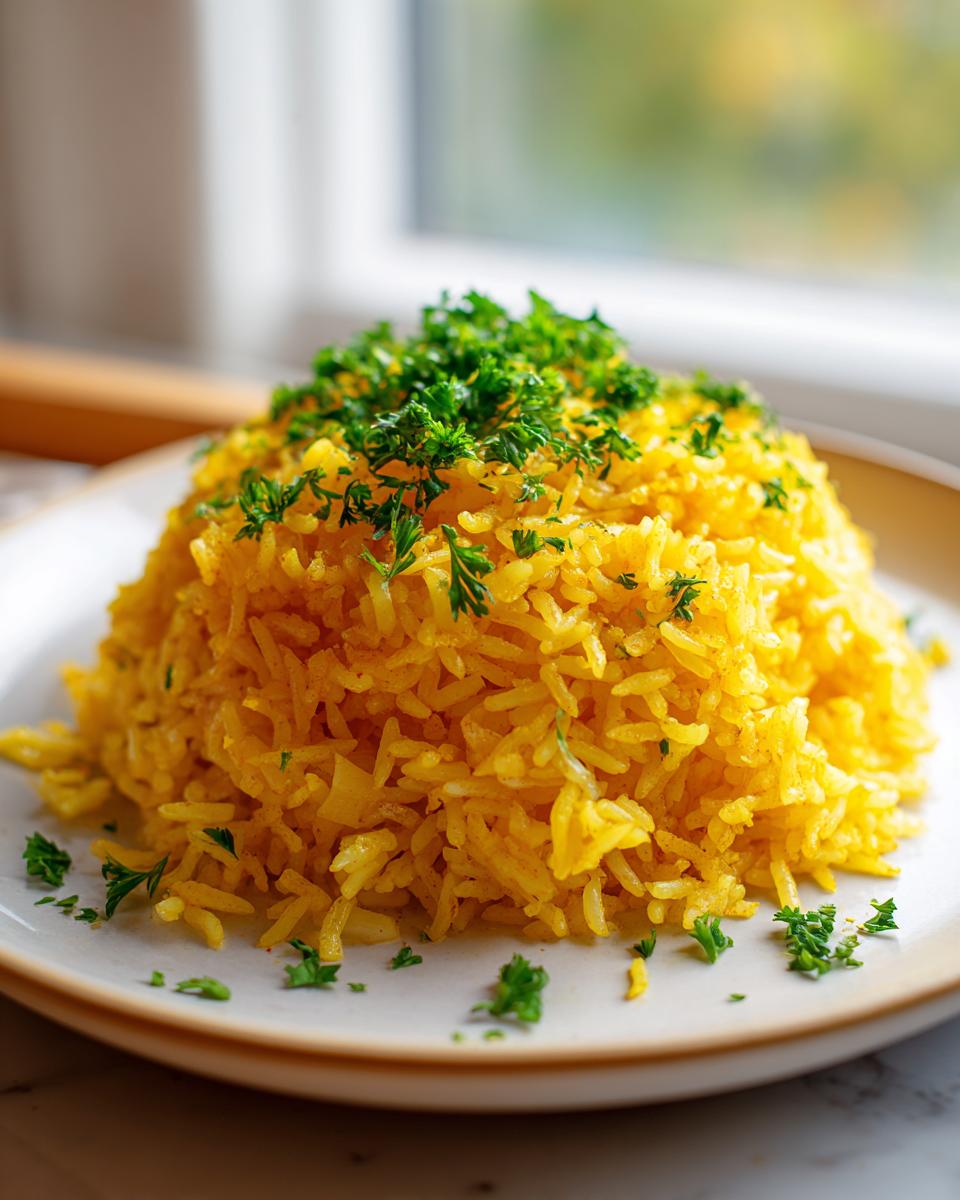 A mound of bright yellow turmeric rice garnished generously with fresh chopped parsley on a white plate.