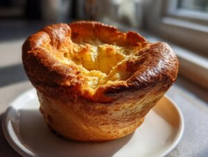 A single, golden-brown, fluffy yorkshire pudding with a deep well, sitting on a small white plate.