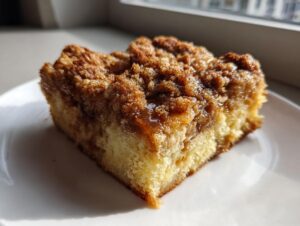 Close-up of a square slice of french toast casserole with a thick, crumbly cinnamon streusel topping.