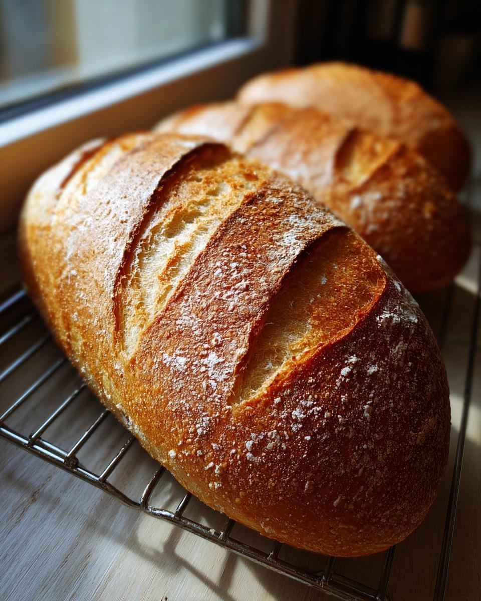 Close-up of a golden-brown, scored loaf of homemade french bread cooling on a wire rack.