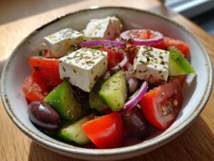 Close-up of a vibrant greek salad featuring large chunks of feta cheese, tomatoes, cucumbers, red onion, and Kalamata olives.