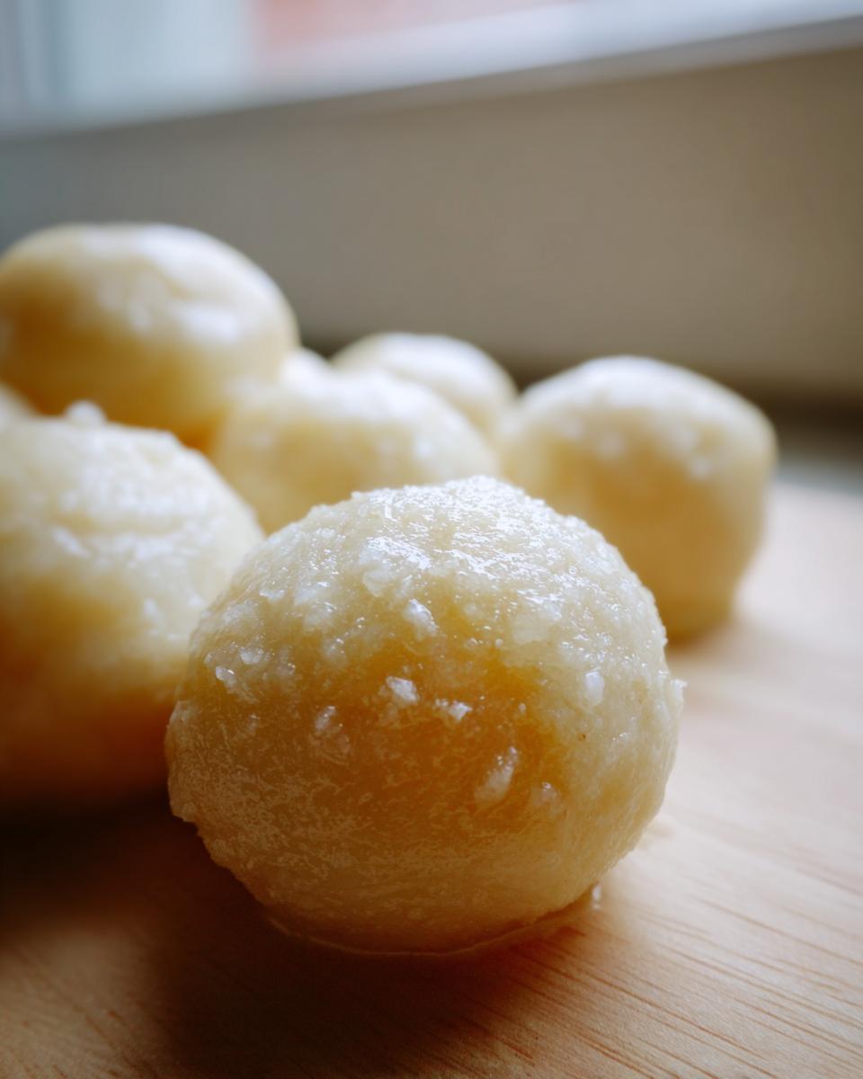 A close-up, shallow depth of field shot of several glistening, round potato dumplings resting on a wooden surface.