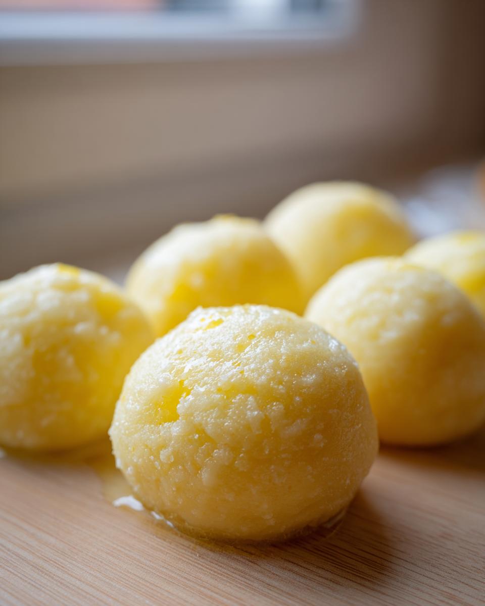 Close-up of several glistening, round potato dumplings resting on a wooden cutting board.