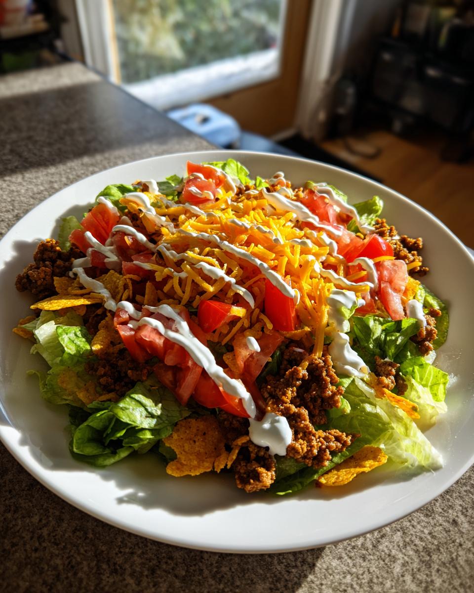 A vibrant, fresh taco salad with ground beef, lettuce, tomatoes, cheese, and sour cream drizzle, ready to eat.