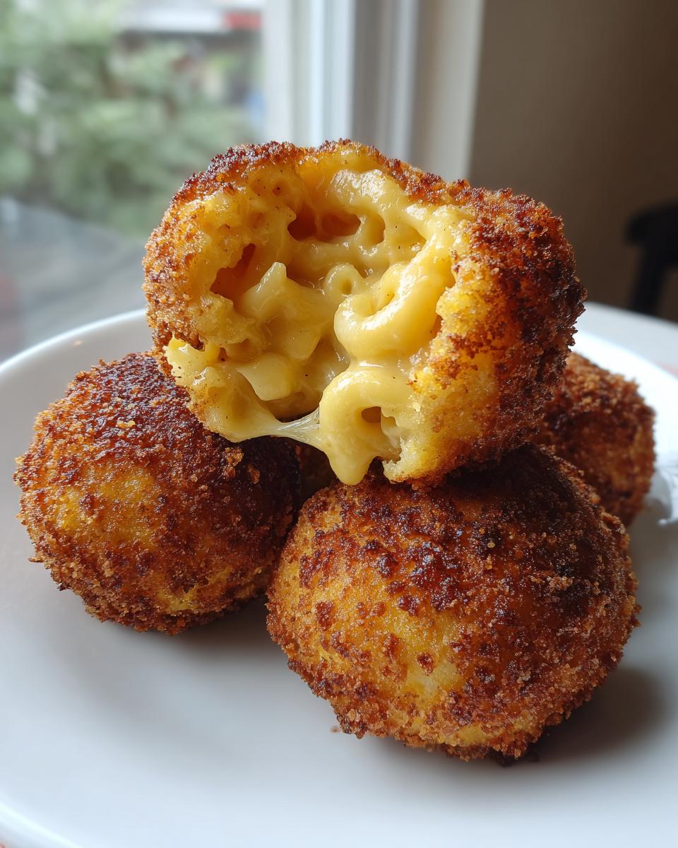 Close-up of fried mac and cheese balls, one cut open revealing melted cheese and macaroni inside.