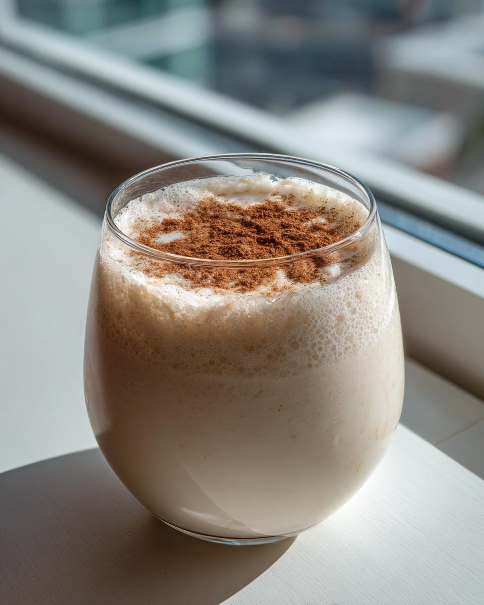 A glass of creamy, frothy coquito recipe drink, garnished with a dusting of cinnamon.