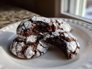 Four rich, dark chocolate crinkle cookies dusted heavily with powdered sugar, one broken open to show the soft interior.