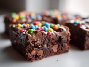 A close-up of a fudgy, rich chocolate cosmic brownie slice topped with melted chocolate frosting and colorful candy pieces.