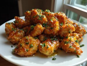 A pile of golden brown, glazed garlic butter chicken bites topped with fresh parsley, ready to eat.
