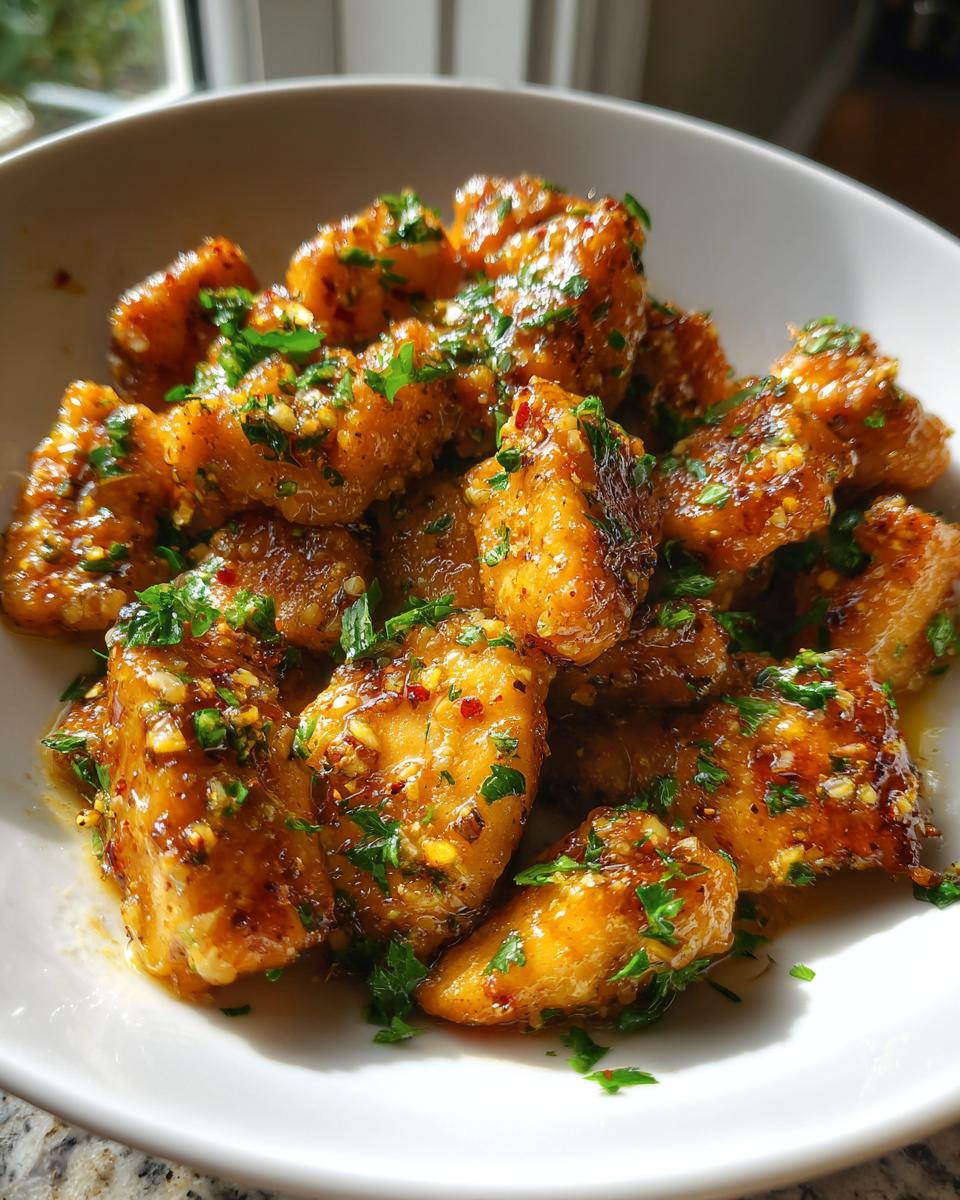 Close-up of golden brown garlic butter chicken bites glistening with sauce and topped with fresh chopped parsley.