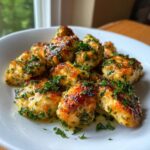Close-up of golden brown, pan-seared chicken bites coated in garlic butter and topped with fresh parsley.
