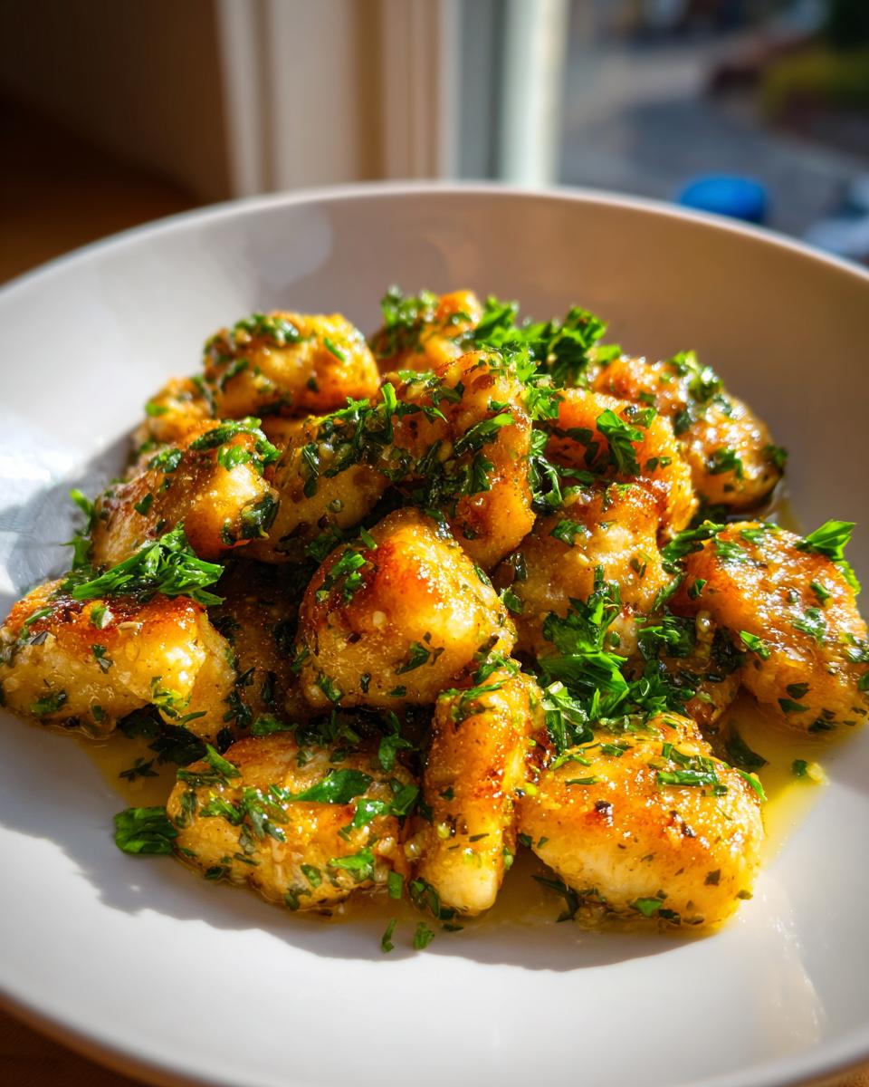 Close-up of golden brown garlic butter chicken bites generously topped with fresh chopped parsley.