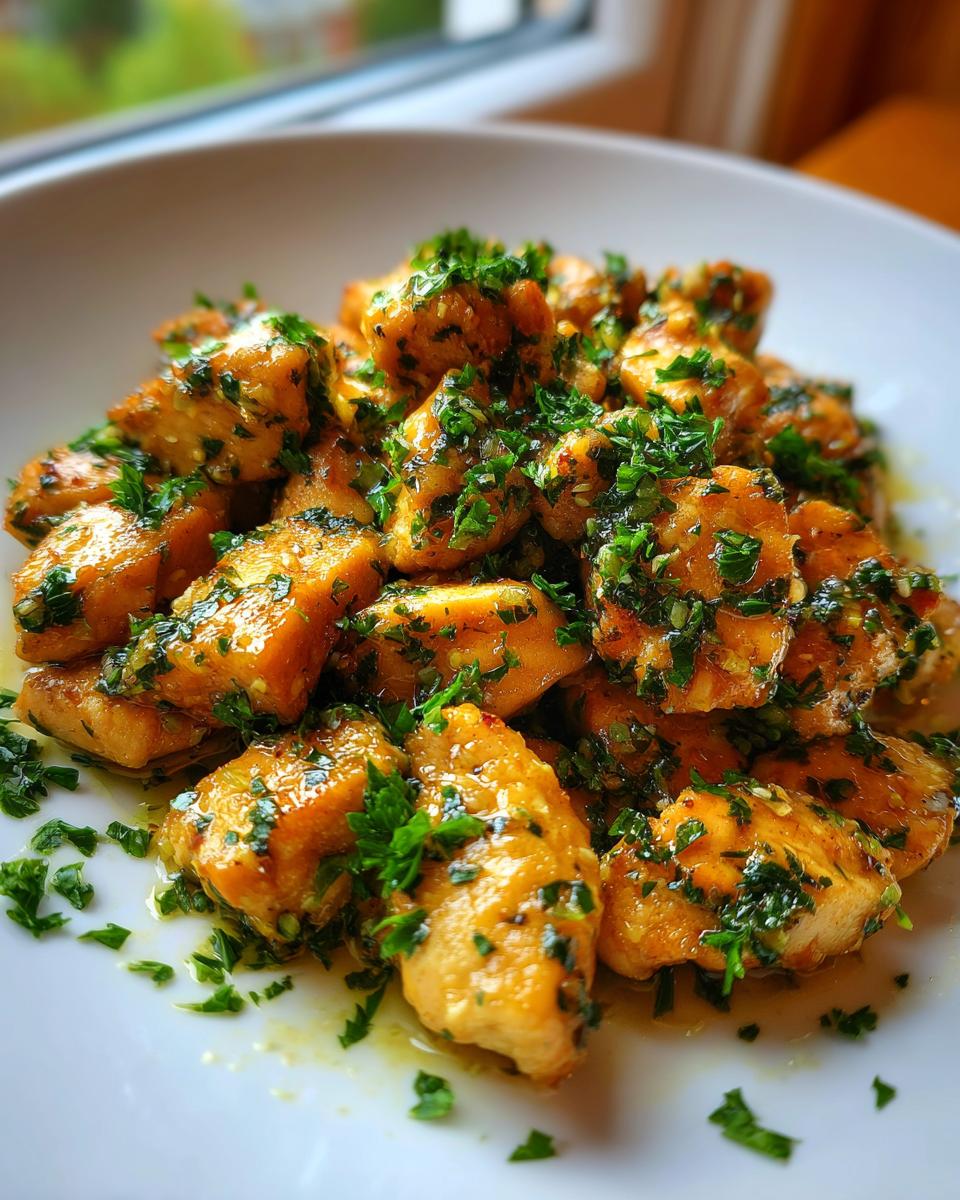 Close-up of glistening garlic butter chicken bites generously topped with fresh chopped parsley.