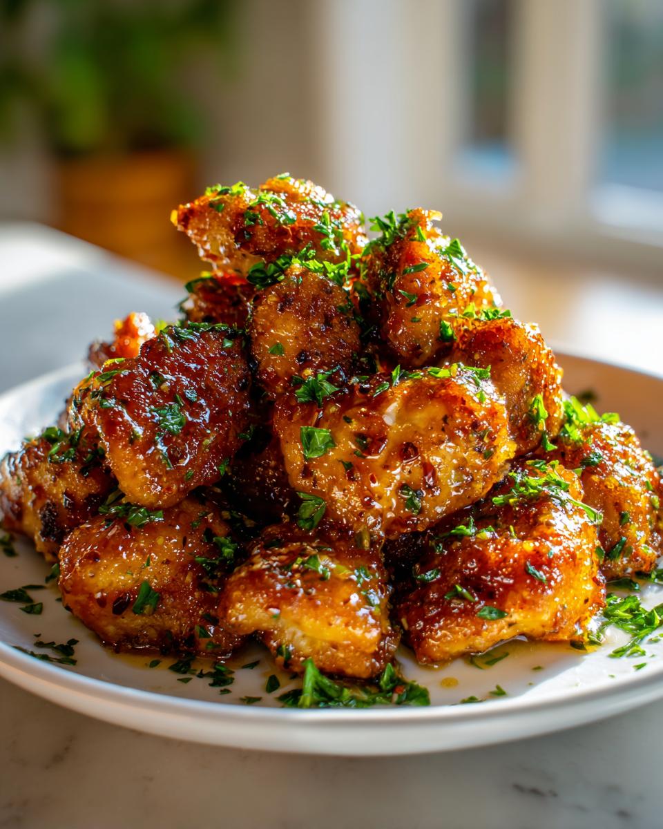 A mound of golden brown, glossy garlic butter chicken bites topped with fresh chopped parsley.