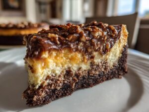 A close-up slice of German Chocolate Cheesecake showing a dark chocolate crust, creamy filling, and pecan topping.