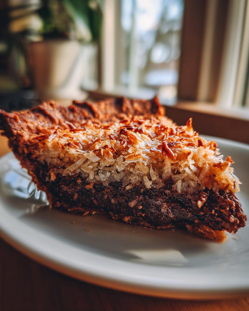 A close-up slice of rich german chocolate pie topped with golden toasted coconut flakes, served on a white plate.