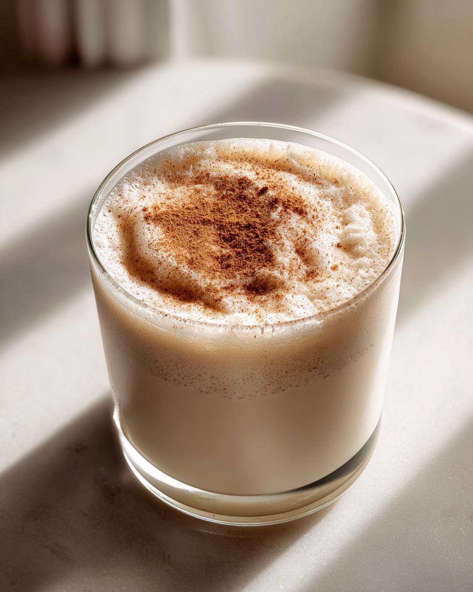 Close-up of a glass filled with creamy, frothy coquito recipe topped generously with ground cinnamon.