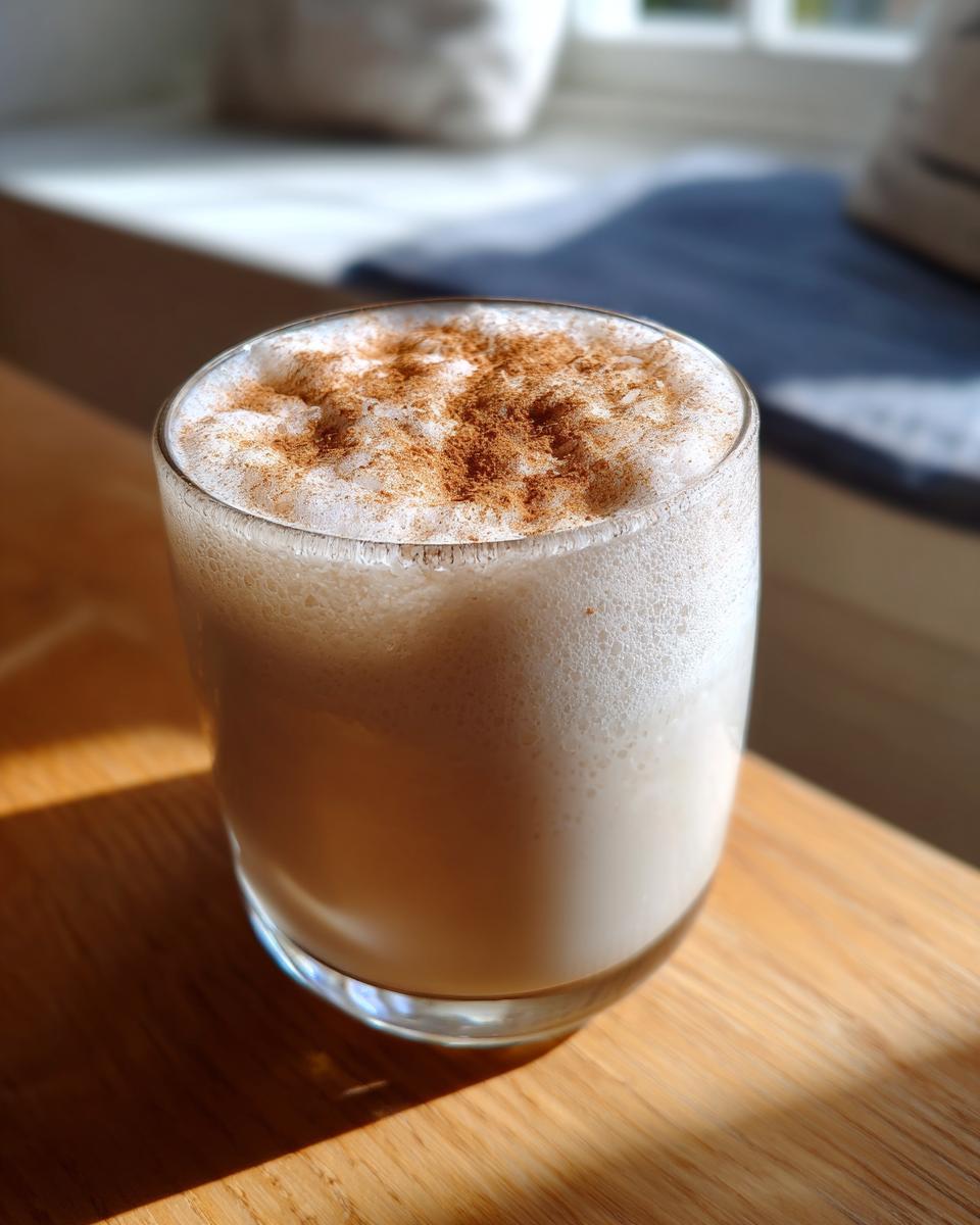 Close-up of a glass filled with creamy, frothy coquito recipe drink, dusted generously with cinnamon.