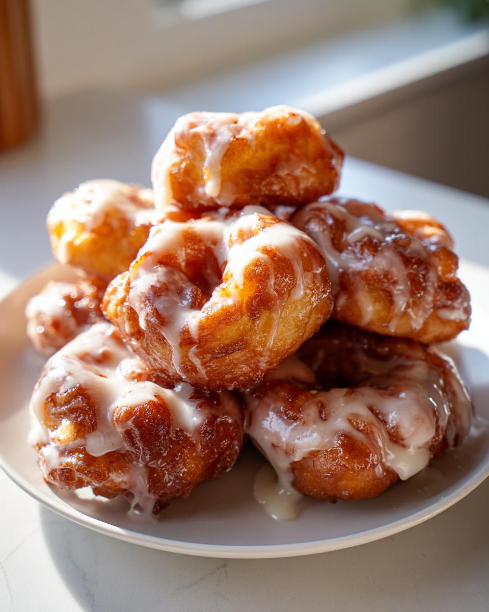 A close-up stack of golden brown, freshly fried apple fritter bites drizzled generously with white glaze.