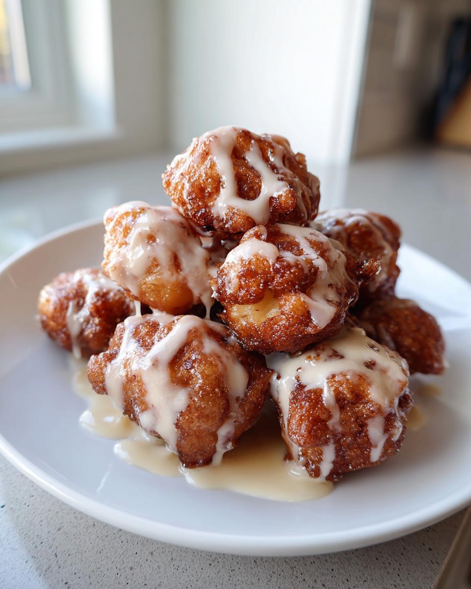 A stack of golden brown, deep-fried apple fritter bites drizzled generously with white vanilla glaze.