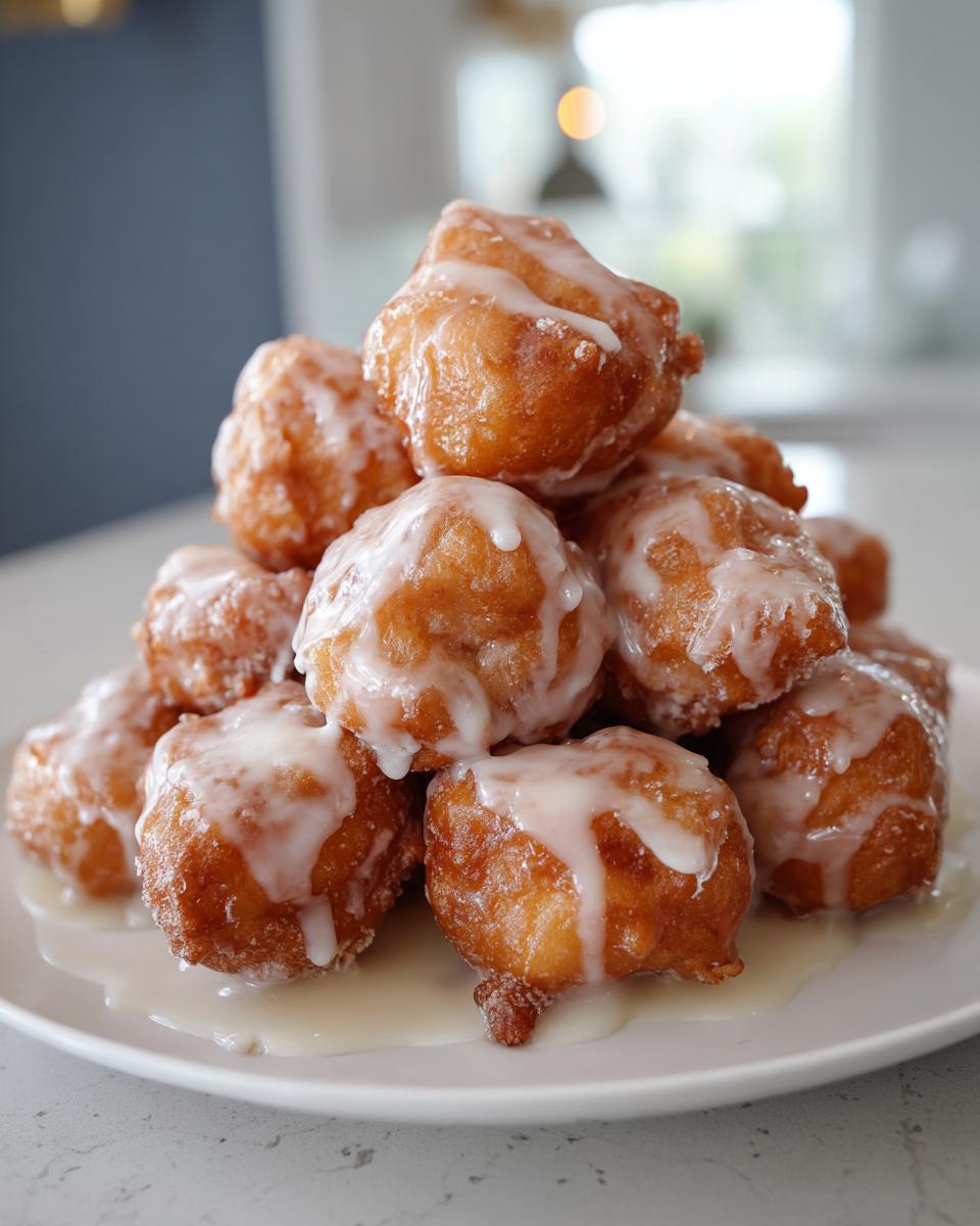 A stack of golden brown, freshly fried apple fritter bites drizzled generously with white vanilla glaze.
