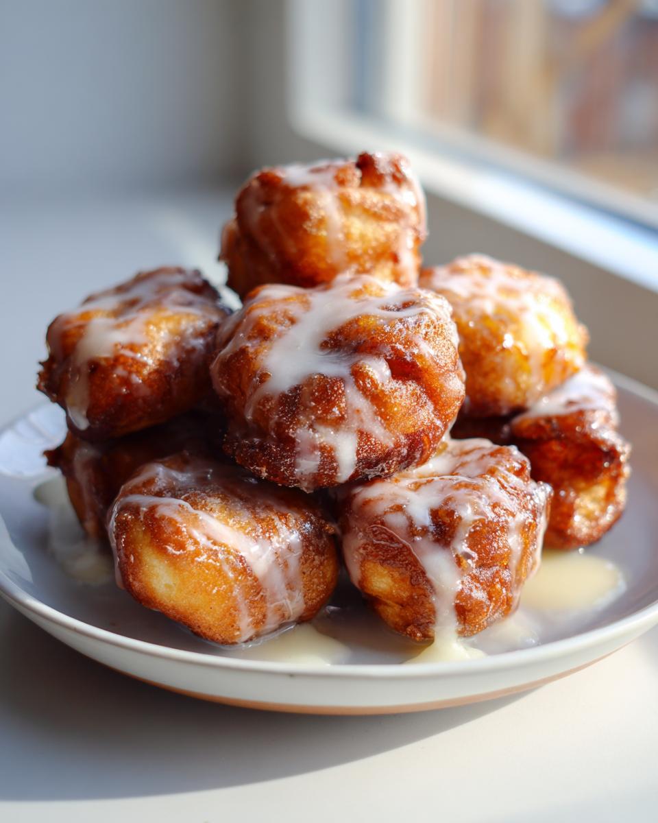 A stack of golden brown, freshly fried apple fritter bites drizzled generously with white glaze.