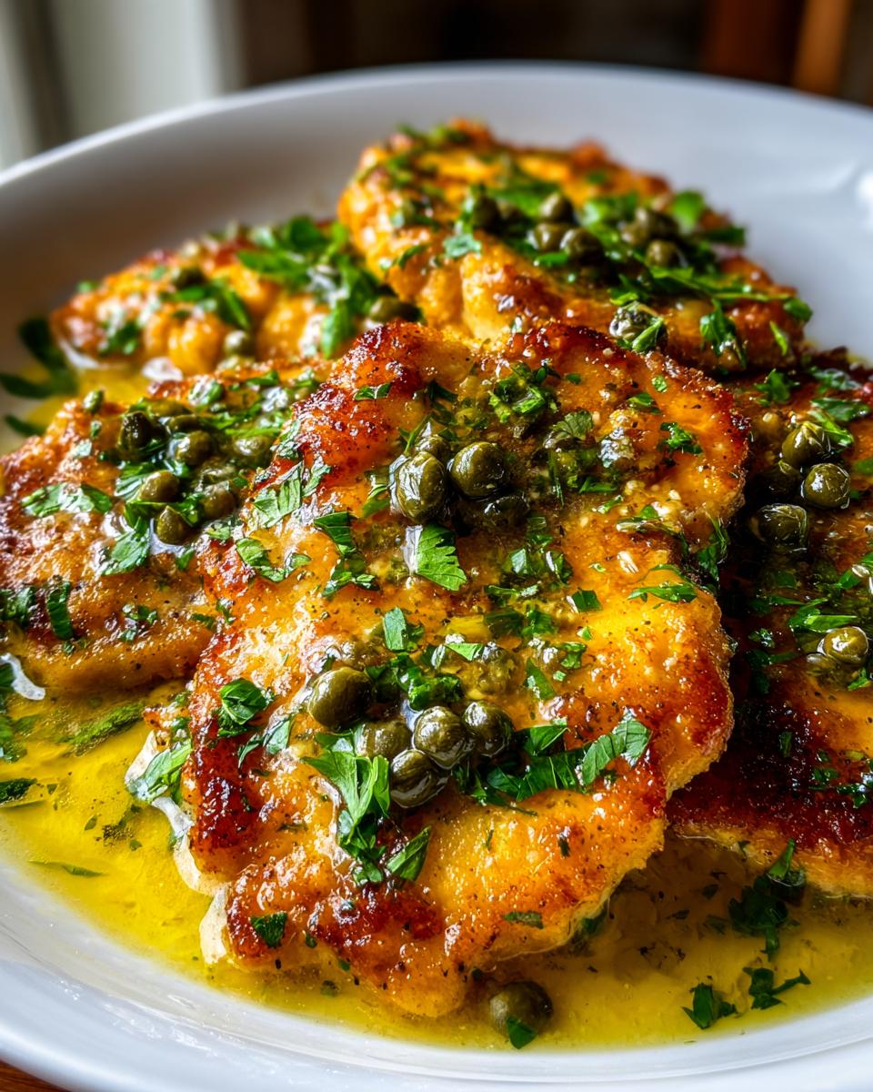 Close-up of golden-brown chicken piccata cutlets smothered in lemon-butter sauce, capers, and fresh parsley.