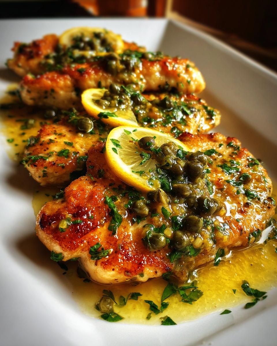 Four golden-brown chicken piccata cutlets served on a white plate, topped with lemon slices, capers, and parsley.