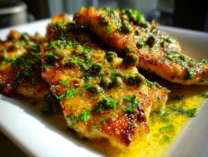 Close-up of pan-seared chicken piccata fillets covered in bright lemon butter sauce, capers, and fresh parsley.