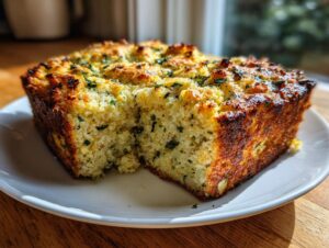A golden brown loaf of cornbread stuffing, sliced open to show the moist texture, sprinkled with green herbs.
