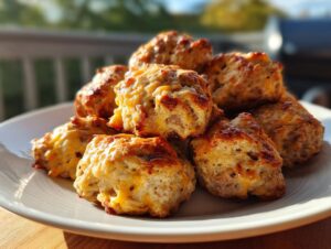 A pile of freshly baked, golden brown cream cheese sausage balls with melted cheese topping on a white plate.
