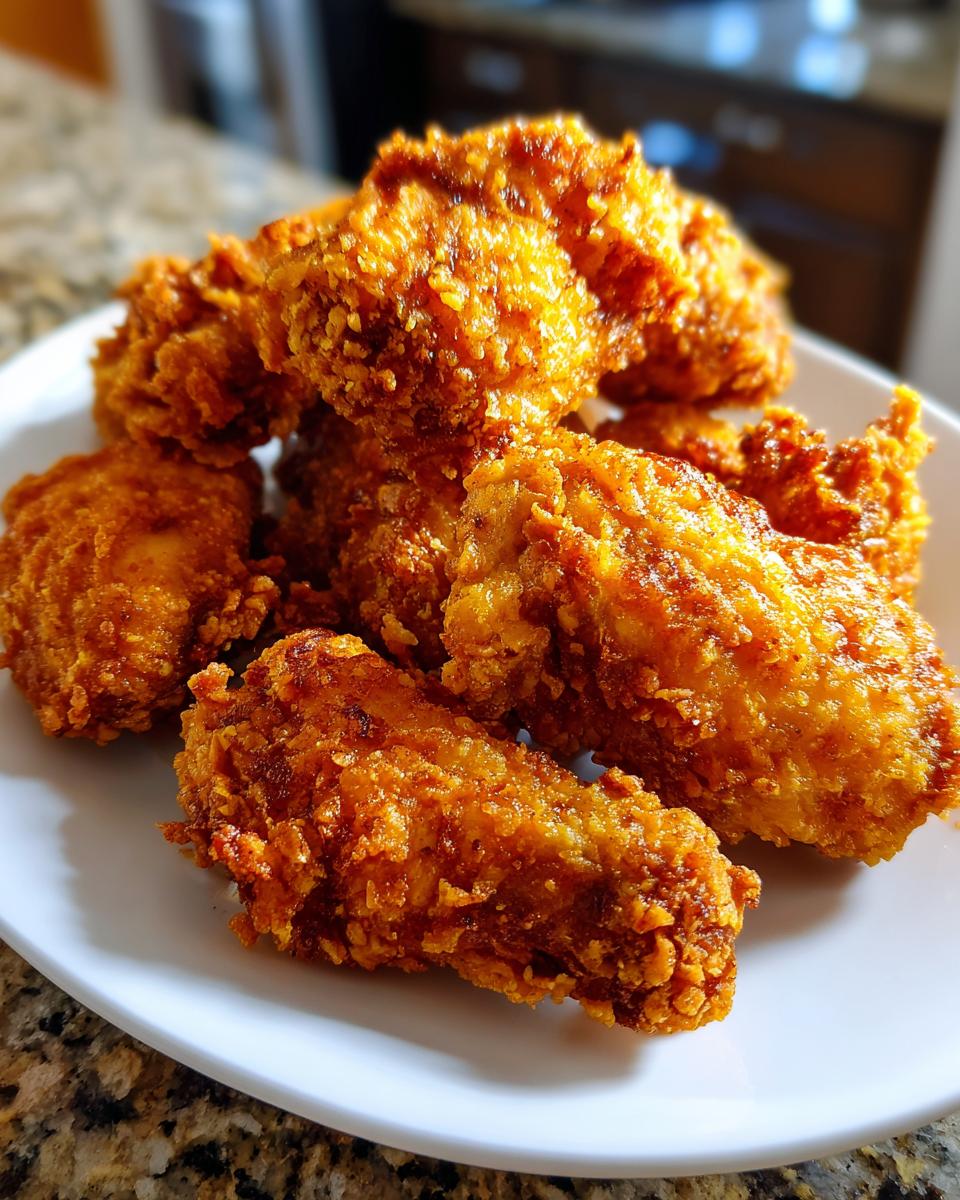 A close-up of several golden brown, crispy fried chicken wings piled on a white plate.