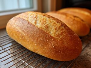 Close-up of a golden-brown, crusty french bread loaf cooling on a wire rack.