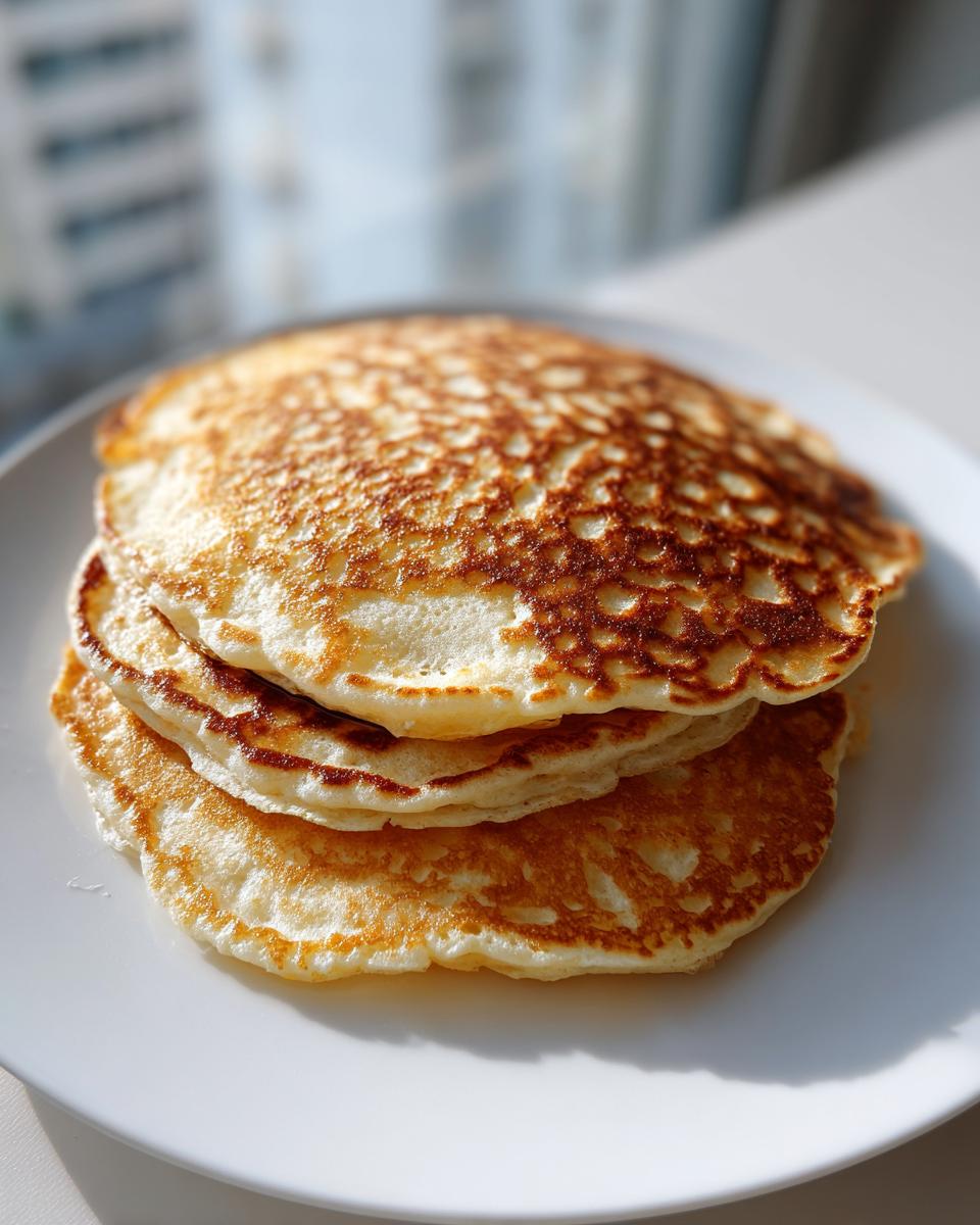 A close-up photo of a stack of three fluffy greek yogurt pancakes with golden-brown, textured tops on a white plate.